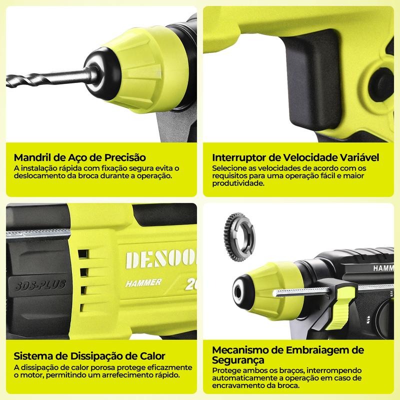 Taladro percutor eléctrico profesional DESOON, 1200W, 3J SDS-Plus, 5500 BPM, 3 modos de funcionamiento, luz LED, viene con estuche de transporte y accesorios.