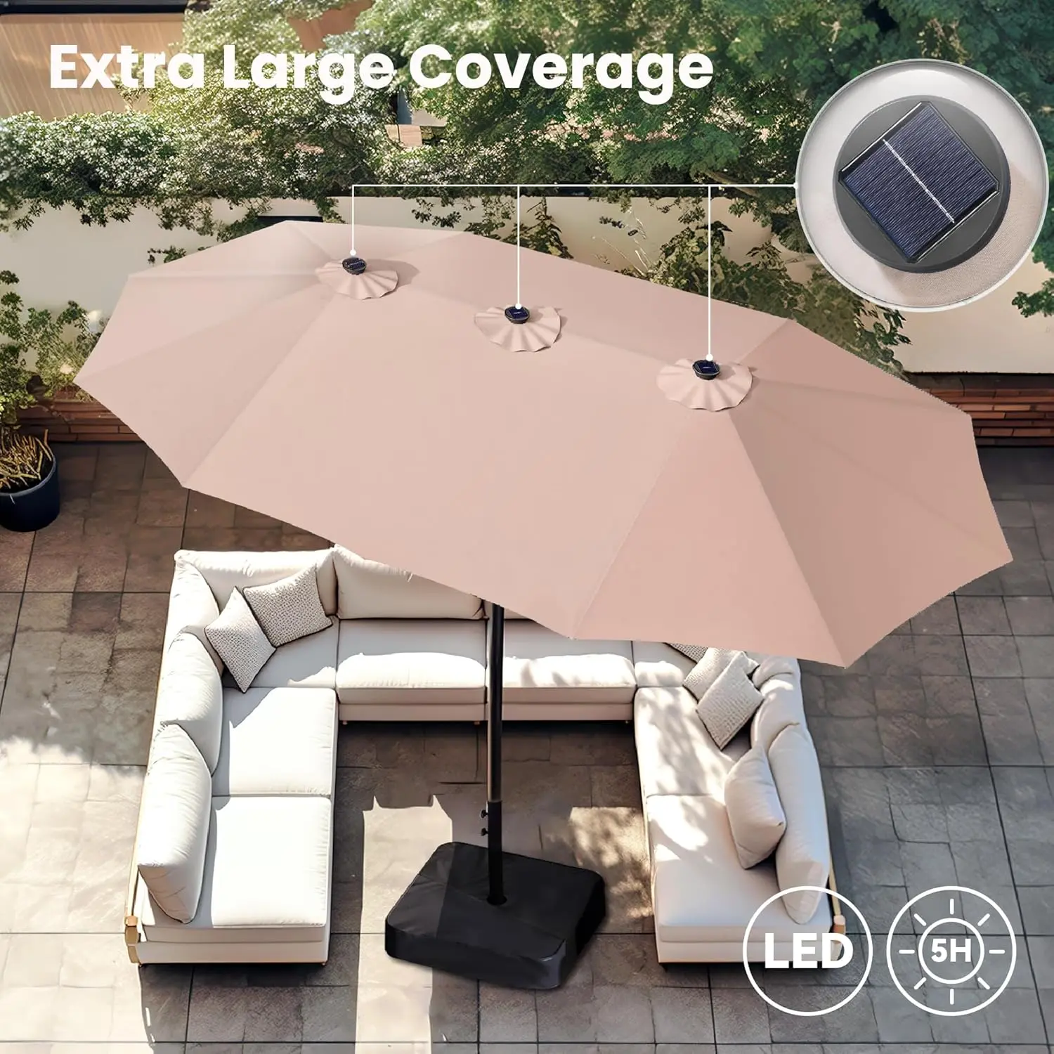 Sombrilla solar LED HOOOWOOO de 4,5 m con base y manivela - Sombrilla para exteriores para jardín, terraza, patio, piscina y playa - Tela resistente al agua, ajustable y con luz