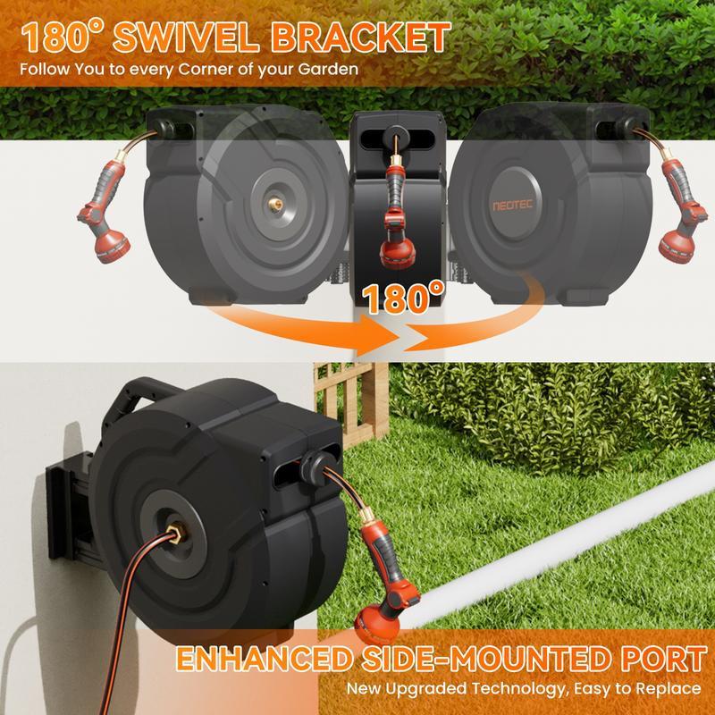 Carrete retráctil para manguera de jardín (90 pies / 100 pies / 130 pies) — Montaje en pared | Carrete de uso rudo con conexiones de latón de 3/4" y boquilla de 9 patrones | Sistema de rebobinado automático, bloqueo en cualquier longitud, soporte giratori