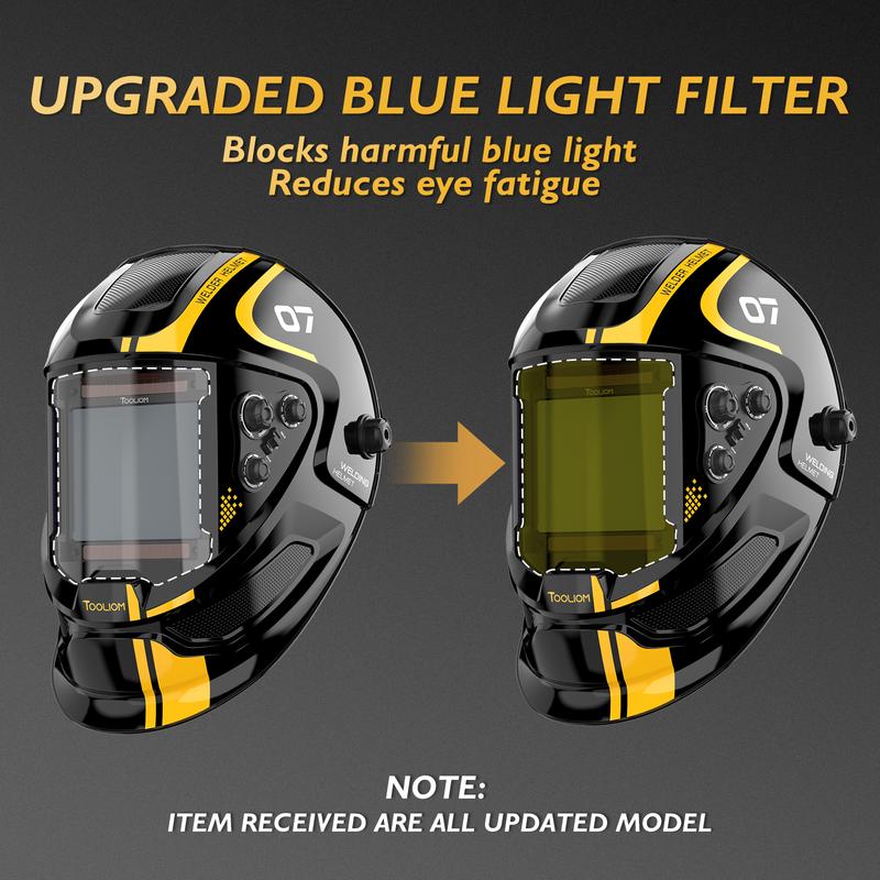 Casco de soldadura de oscurecimiento automático, con protección contra rayos azules y claridad True Color 1/1/1/1; amplia área de visión de 3.94" × 3.66" y rango de sombra ajustable 4/5-9/9-13; máscara apta para procesos TIG, MIG, Stick y corte.