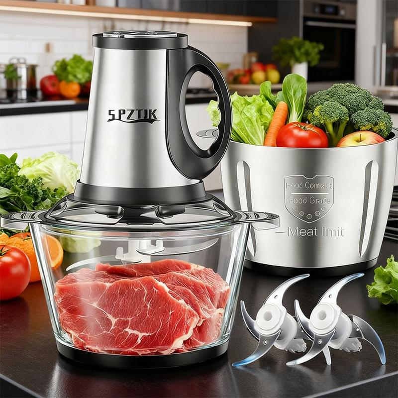 Picadora de carne y procesador de alimentos con 2 recipientes y 4 cuchillas de doble nivel — Minipicadora eléctrica de 300 W, ideal para papillas, carne, cebolla y verduras.