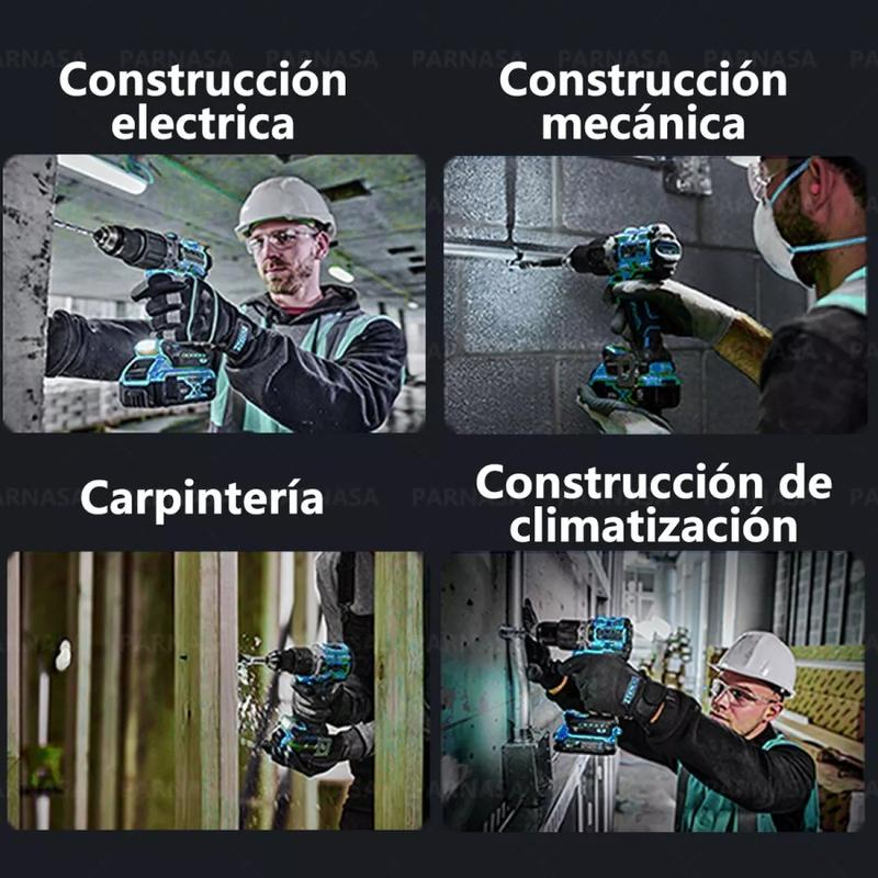 Kit ergonómico de herramientas inalámbricas que incluye un taladro de impacto sin escobillas, un taladro eléctrico, una amoladora angular sin escobillas y una motosierra combinada.