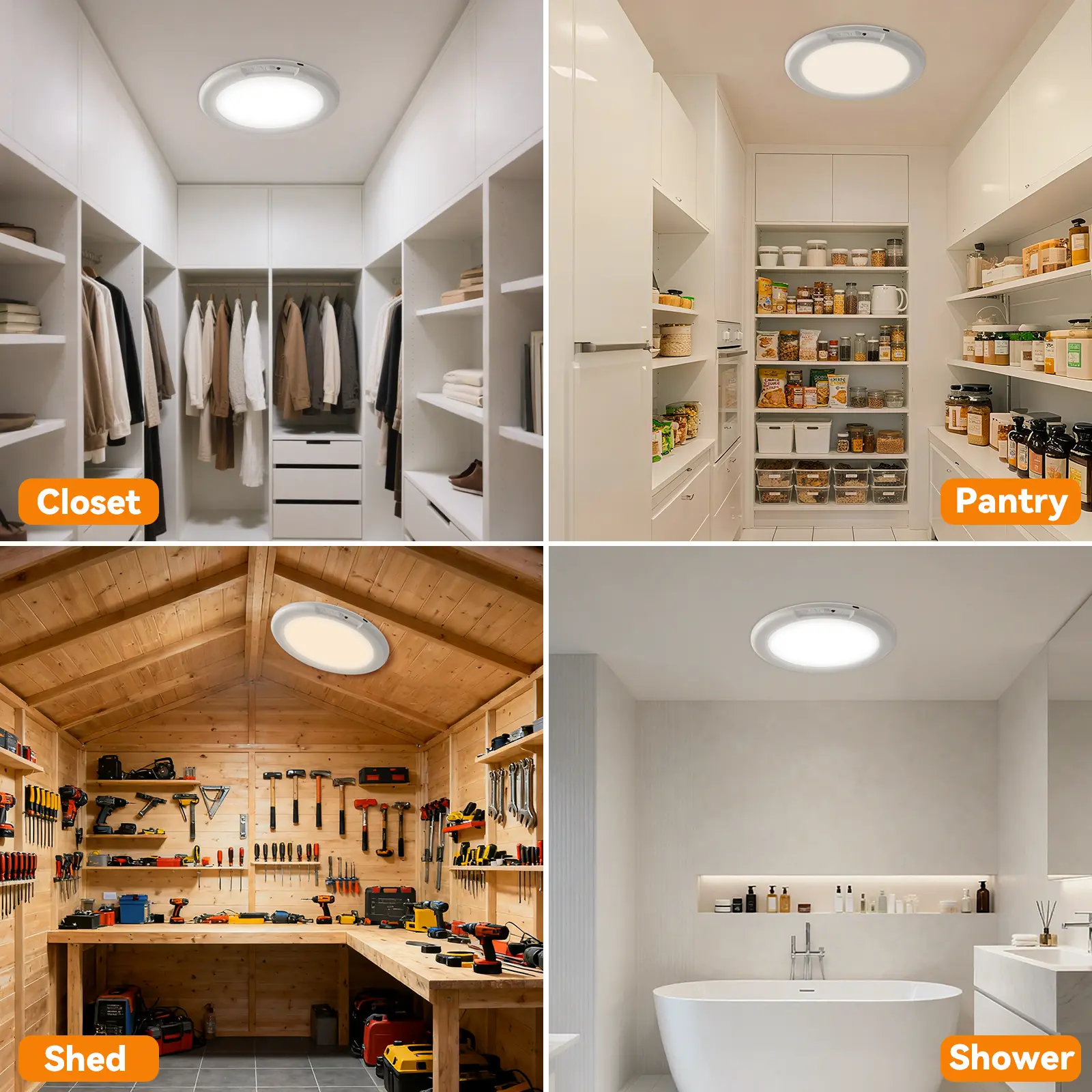 Paquete de 2 Lámparas de Techo Recargables, 3 Modos de Color, Sensor de Movimiento con Control Remoto; Luces LED Magnéticas Inalámbricas a Batería para Ducha, Armario, Despensa, Cobertizo, Pasillo, Porche y Garaje
