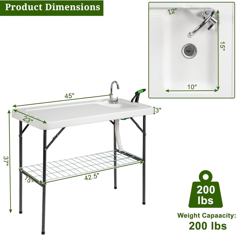 Mesa plegable para limpieza de pesca y caza con fregadero | Portátil y duradera, conexión estándar de jardín, manguera de drenaje mejorada, acero inoxidable