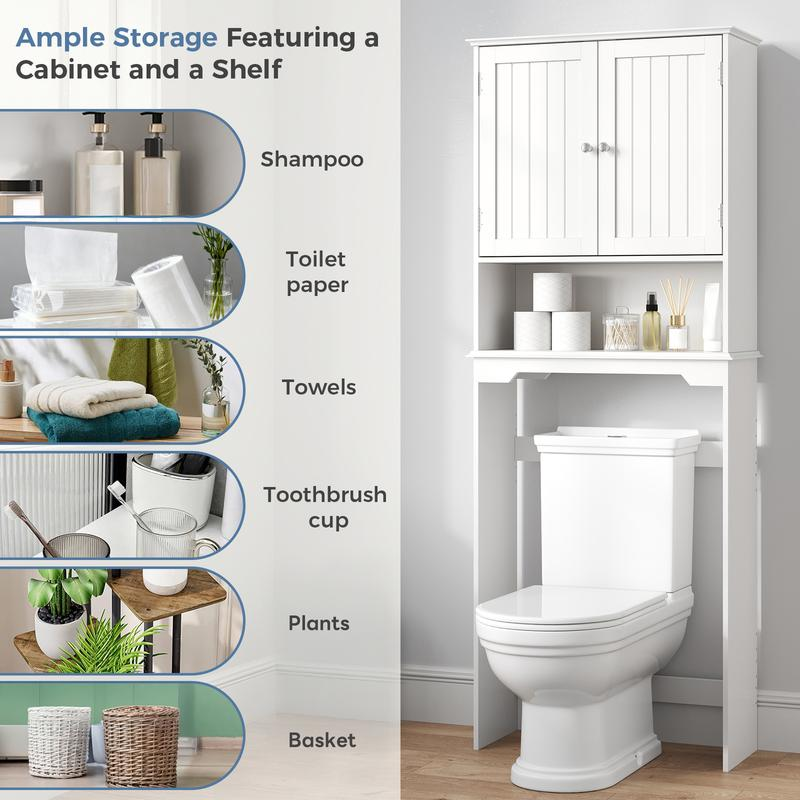 Armario de almacenamiento sobre el inodoro, mueble de baño con doble puerta y estante ajustable, estantería independiente para el baño — Negro