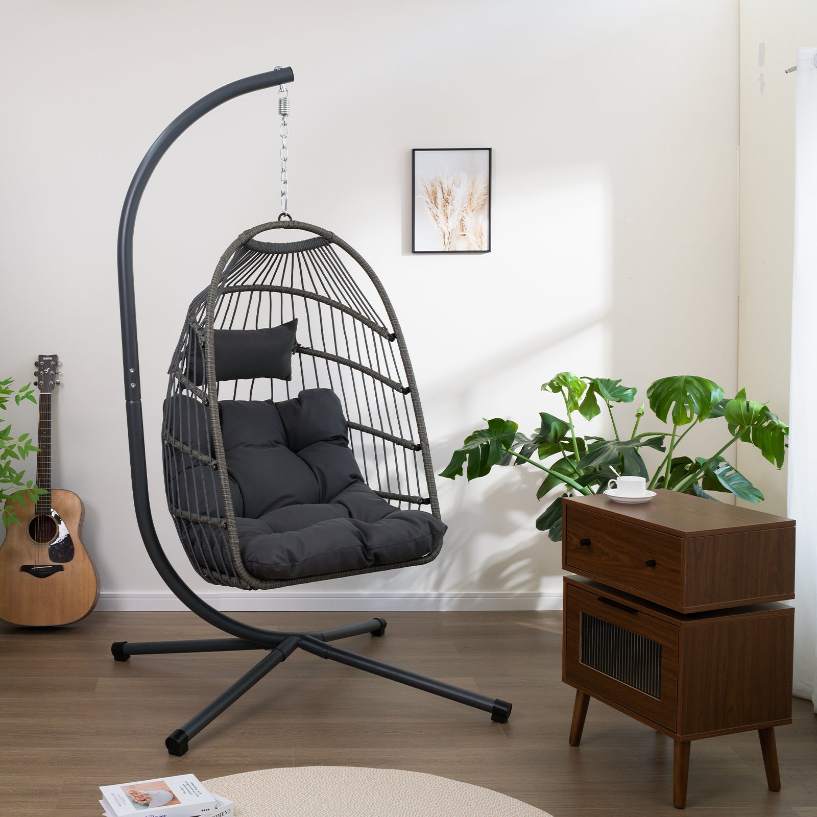 Sillón colgante tipo huevo para exteriores con soporte, silla colgante de mimbre para patio, silla mecedora para interiores, hamaca tipo huevo para exteriores.
