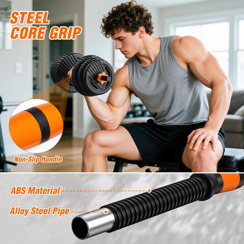 Juego de mancuernas ajustables 5 en 1 — Set de pesas de 55, 66 y 88 libras para entrenamiento en casa — Utilizable como barra, pesas rusas y soportes para flexiones — Ideal para gimnasio en casa.