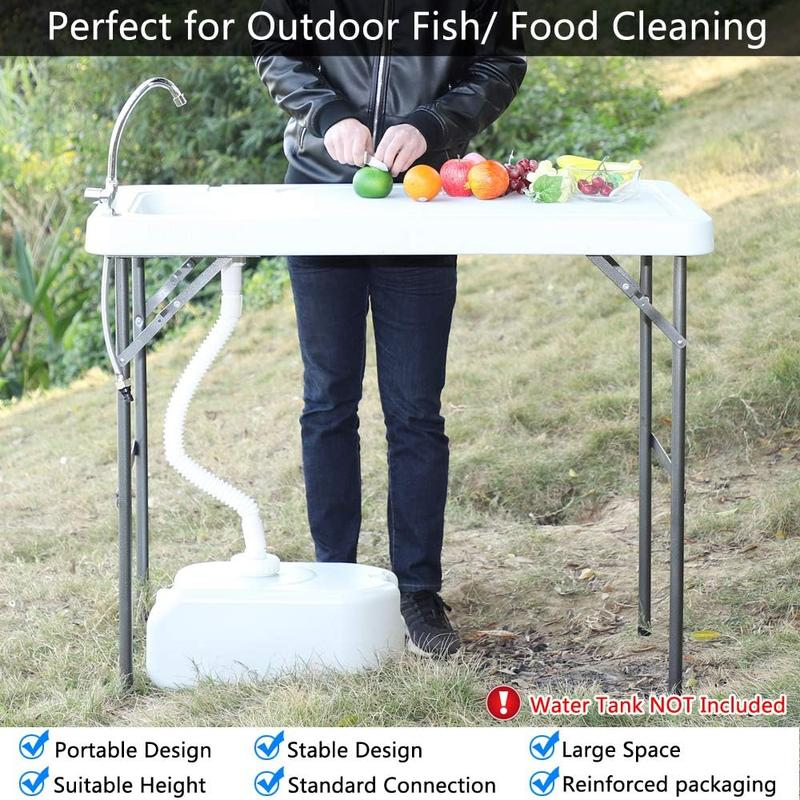 Mesa plegable para limpieza de pesca y caza con fregadero | Portátil y duradera, conexión estándar de jardín, manguera de drenaje mejorada, acero inoxidable