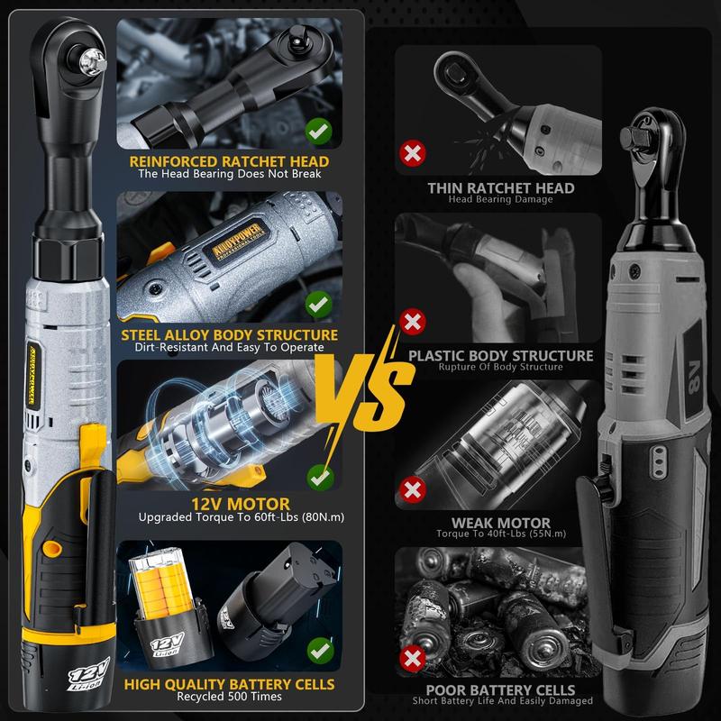 Juego de llaves de trinquete inalámbricas de 3/8", trinquete eléctrico de 60 ft-lbs (80 Nm), llave de trinquete de potencia extendida de 12 V con velocidad variable, 6 vasos, luz LED, adaptador de 1/4", adaptador de 1/2", 2 baterías