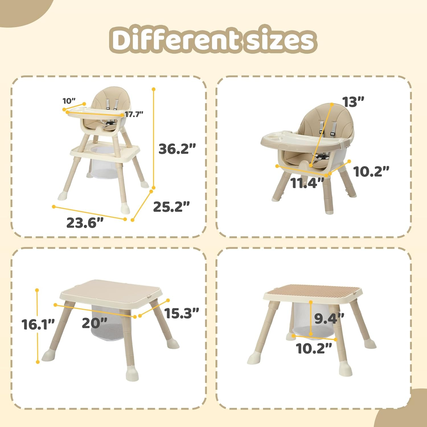 Silla alta para bebés 7 en 1, silla alta convertible para bebés y niños pequeños, mesa y silla de aprendizaje con bandeja extraíble y arnés de 5 puntos.