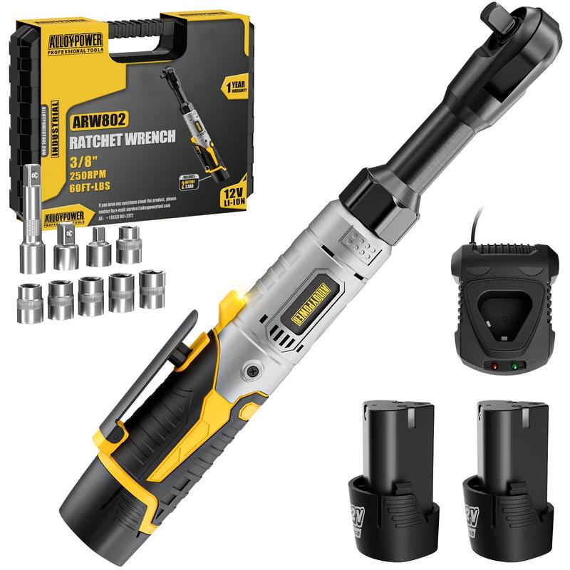 Juego de llaves de trinquete inalámbricas de 3/8", trinquete eléctrico de 60 ft-lbs (80 Nm), llave de trinquete de potencia extendida de 12 V con velocidad variable, 6 vasos, luz LED, adaptador de 1/4", adaptador de 1/2", 2 baterías