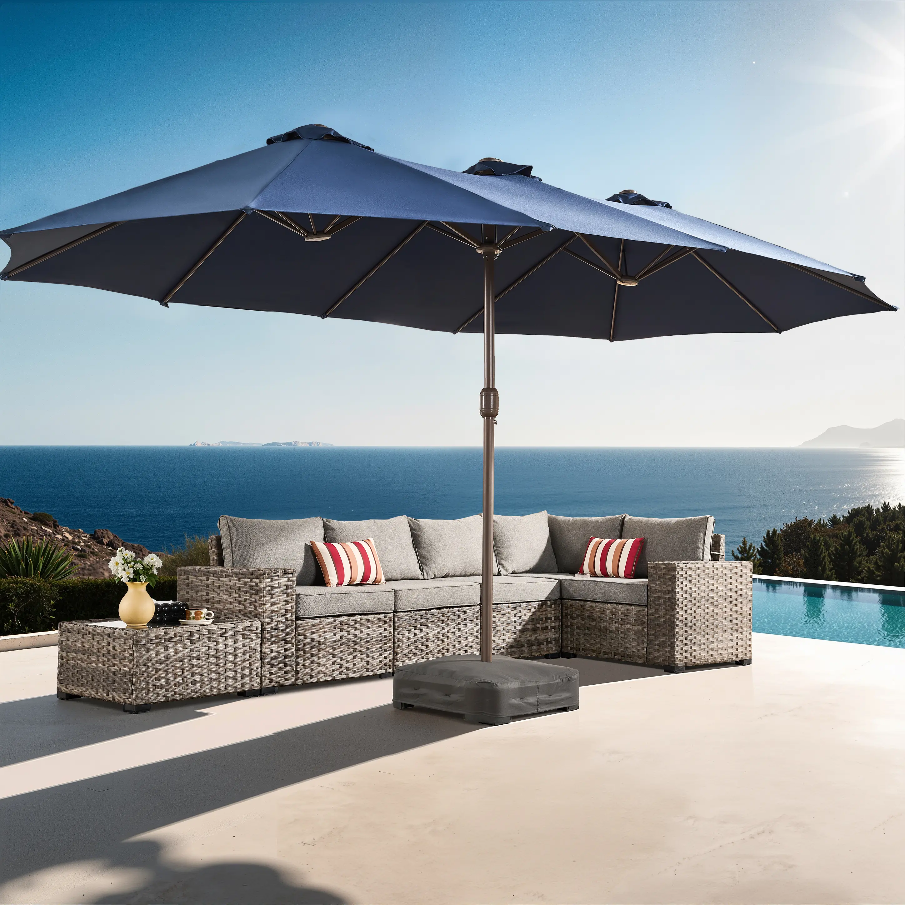 Sombrilla solar LED HOOOWOOO de 4,5 m con base y manivela - Sombrilla para exteriores para jardín, terraza, patio, piscina y playa - Tela resistente al agua, ajustable y con luz