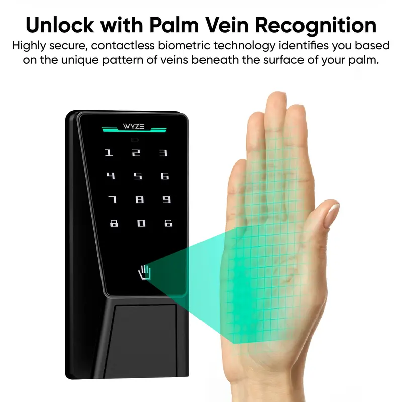 Wyze Palm Lock — Cerradura inteligente Wi-Fi con reconocimiento de palma para puerta principal, acceso sin llaves ni contacto, diseño moderno, cierre automático, fácil instalación, reemplazo de cerrojo, resistente a la intemperie (IP53).