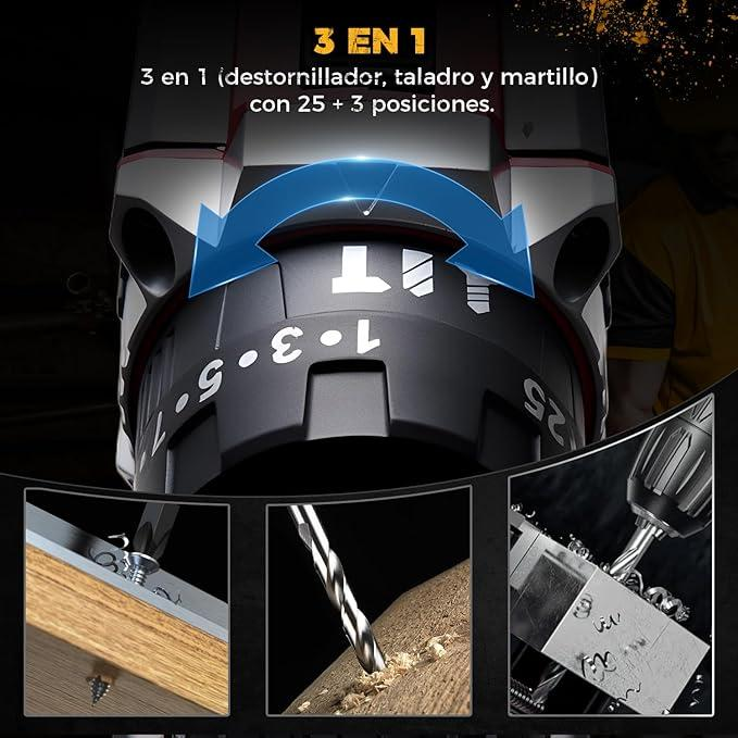 Kit ergonómico de herramientas inalámbricas que incluye un taladro de impacto sin escobillas, un taladro eléctrico, una amoladora angular sin escobillas y una motosierra combinada.