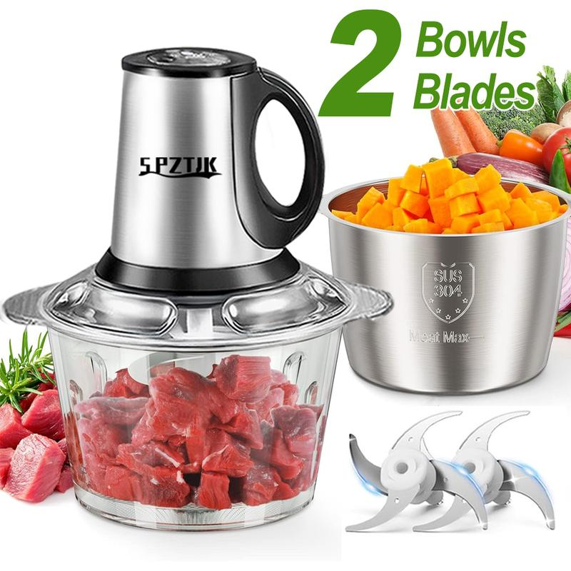 Picadora de carne y procesador de alimentos con 2 recipientes y 4 cuchillas de doble nivel — Minipicadora eléctrica de 300 W, ideal para papillas, carne, cebolla y verduras.