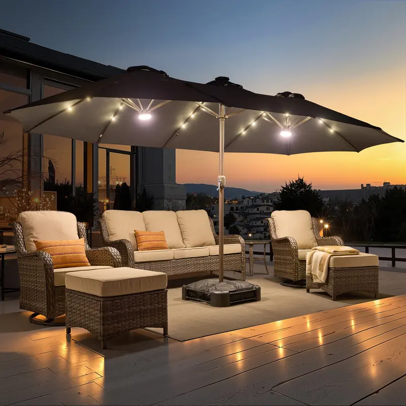 Sombrilla solar LED HOOOWOOO de 4,5 m con base y manivela - Sombrilla para exteriores para jardín, terraza, patio, piscina y playa - Tela resistente al agua, ajustable y con luz