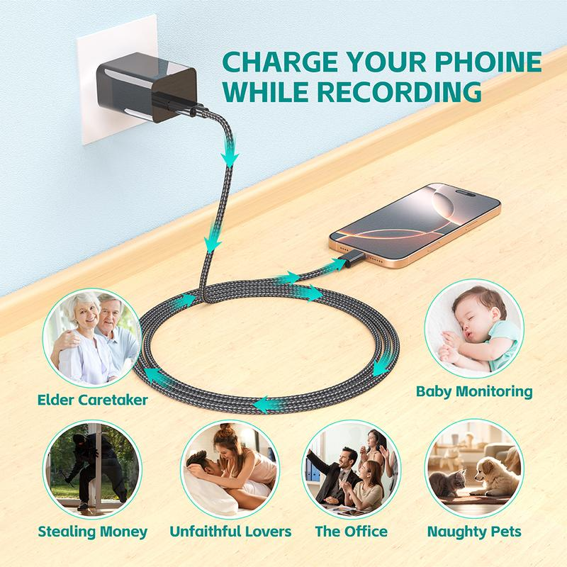 Mini cámara de seguridad 1080P (tipo cargador) para mascotas — Incluye tarjeta de 64 GB, visión nocturna y detección de movimiento — Cámara de vigilancia doméstica de conexión directa (SIN Wi-Fi)