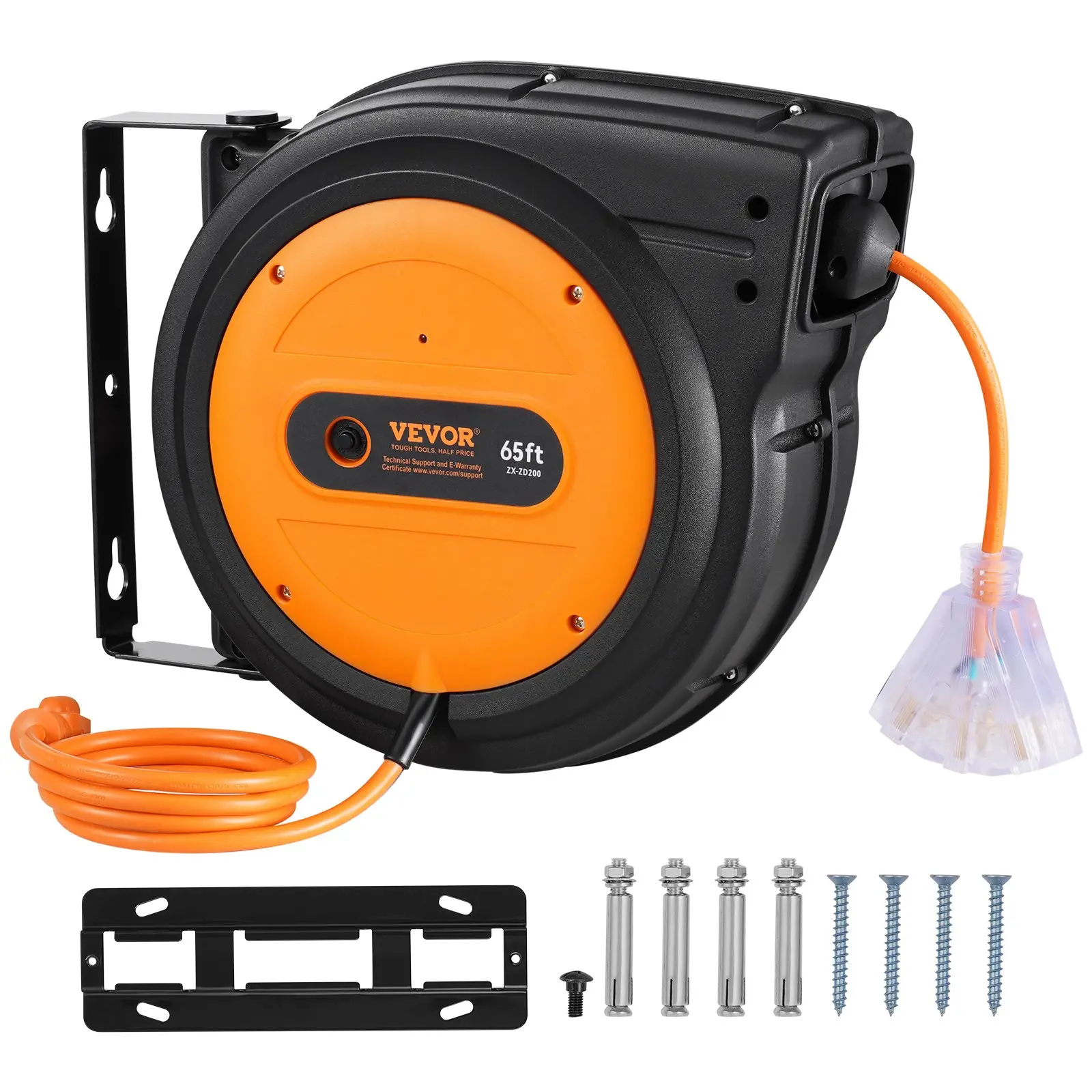 Carrete retráctil para cable de extensión (versión mejorada): Cable de alimentación de uso rudo 12-16 AWG/3C SJTOW con toma triple iluminada, disyuntor de 15 amperios y soporte giratorio de 180° para montaje en techo o pared. Probado bajo estándares UL: s