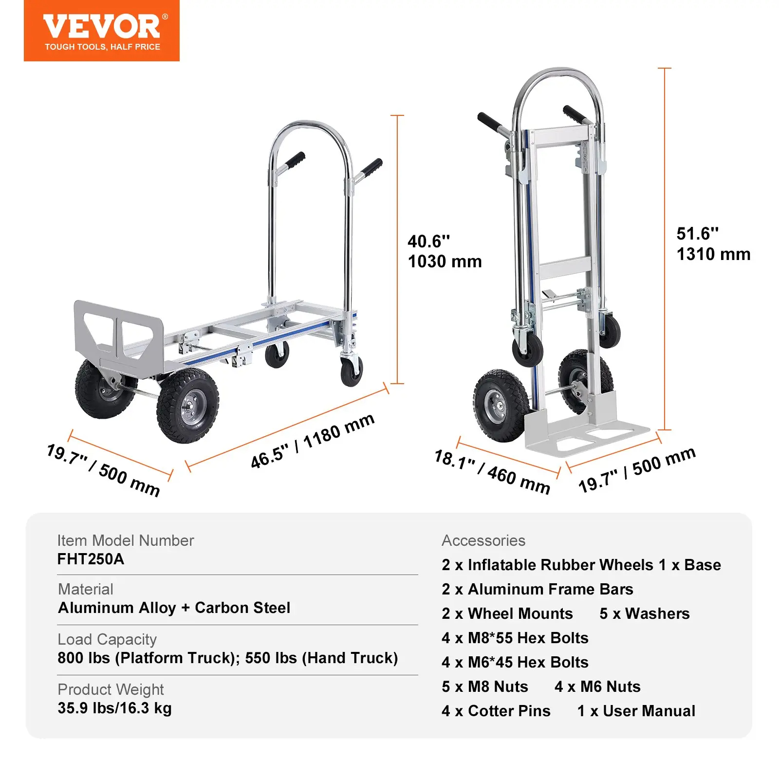 Carretilla plegable de aluminio, diseño 2 en 1, capacidad máxima de 800 lb, carrito industrial plegable de alta resistencia, carrito con ruedas de goma para transporte y mudanzas en almacenes, supermercados y jardines.
