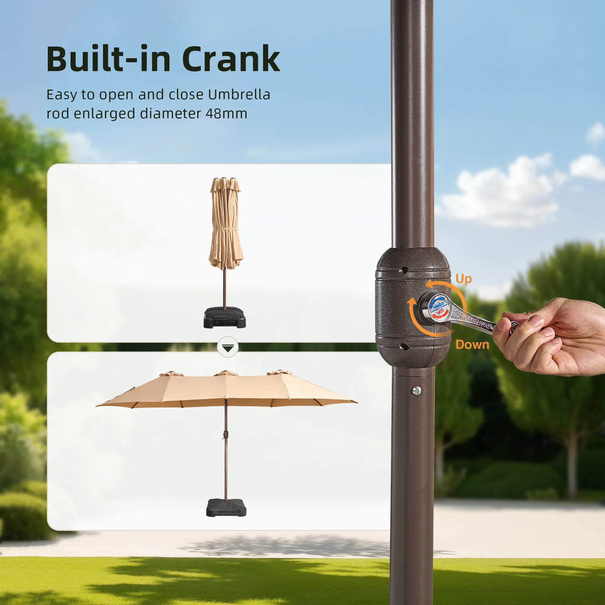 Sombrilla solar LED HOOOWOOO de 4,5 m con base y manivela - Sombrilla para exteriores para jardín, terraza, patio, piscina y playa - Tela resistente al agua, ajustable y con luz