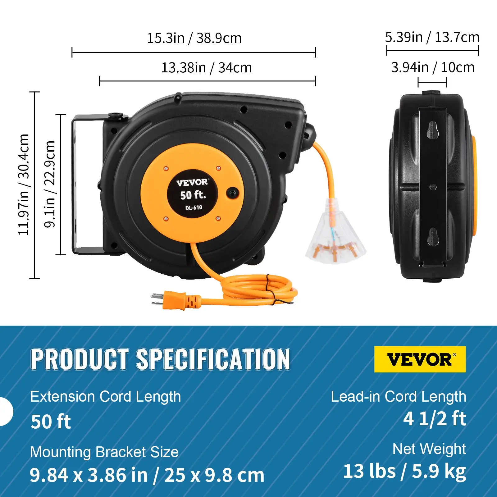 Carrete retráctil para cable de extensión (versión mejorada): Cable de alimentación de uso rudo 12-16 AWG/3C SJTOW con toma triple iluminada, disyuntor de 15 amperios y soporte giratorio de 180° para montaje en techo o pared. Probado bajo estándares UL: s