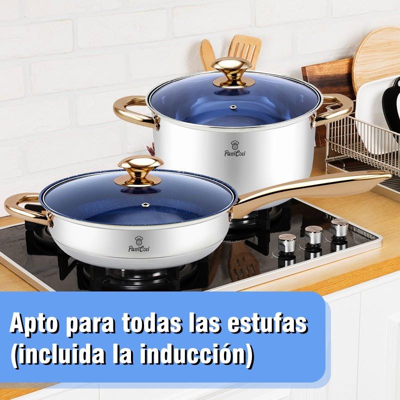 Juego de Ollas y Sartenes 12 Piezas de Acero Inoxidable, Apto para Inducción, con Asas Doradas y Tapas de Vidrio Azul