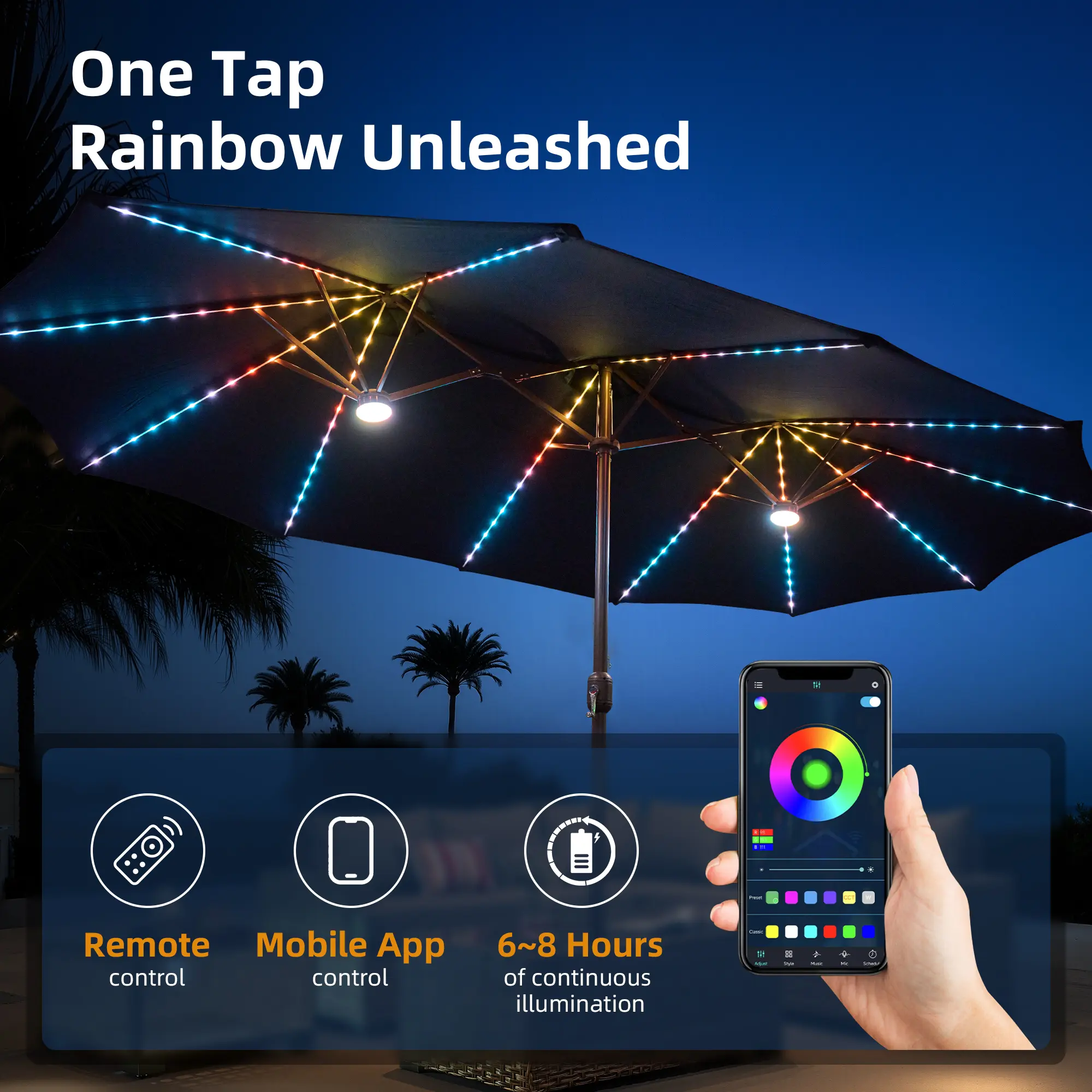 Sombrilla solar LED HOOOWOOO de 4,5 m con base y manivela - Sombrilla para exteriores para jardín, terraza, patio, piscina y playa - Tela resistente al agua, ajustable y con luz