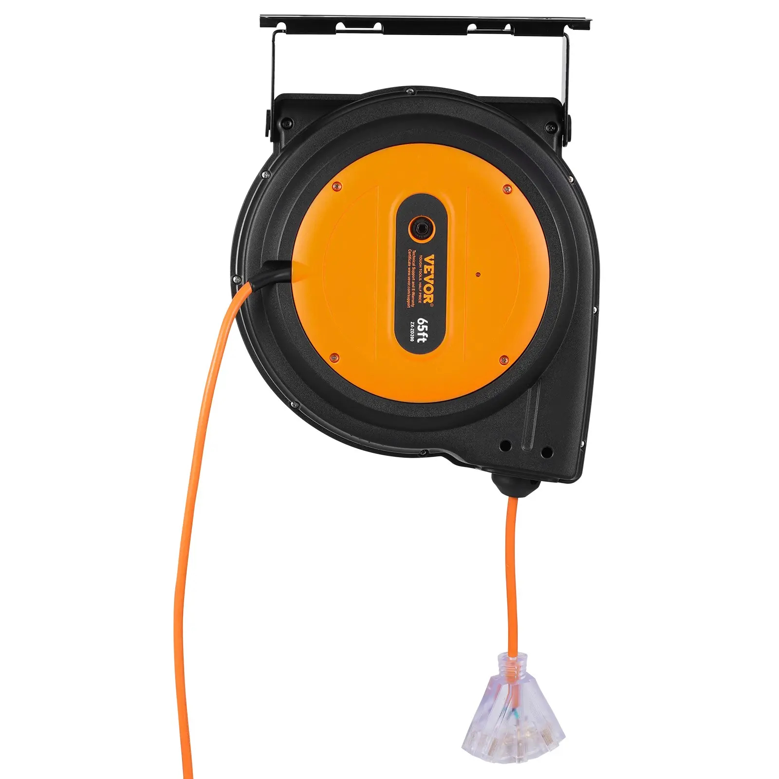Carrete retráctil para cable de extensión (versión mejorada): Cable de alimentación de uso rudo 12-16 AWG/3C SJTOW con toma triple iluminada, disyuntor de 15 amperios y soporte giratorio de 180° para montaje en techo o pared. Probado bajo estándares UL: s