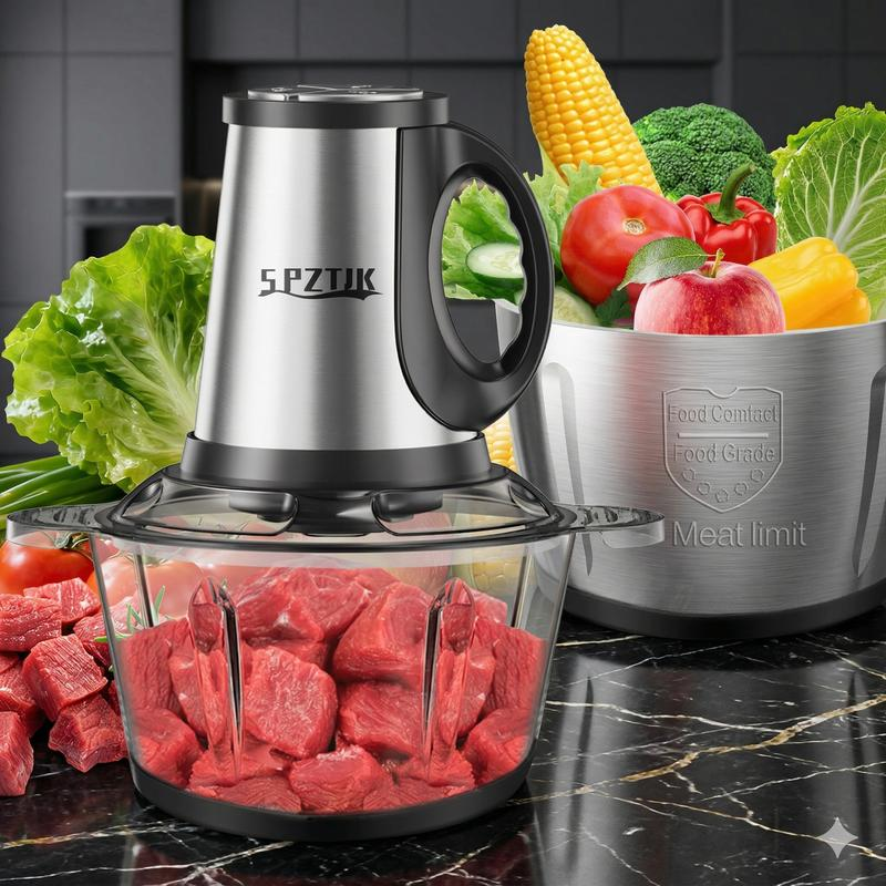 Picadora de carne y procesador de alimentos con 2 recipientes y 4 cuchillas de doble nivel — Minipicadora eléctrica de 300 W, ideal para papillas, carne, cebolla y verduras.
