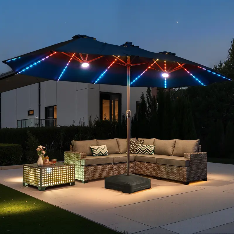 Sombrilla solar LED HOOOWOOO de 4,5 m con base y manivela - Sombrilla para exteriores para jardín, terraza, patio, piscina y playa - Tela resistente al agua, ajustable y con luz