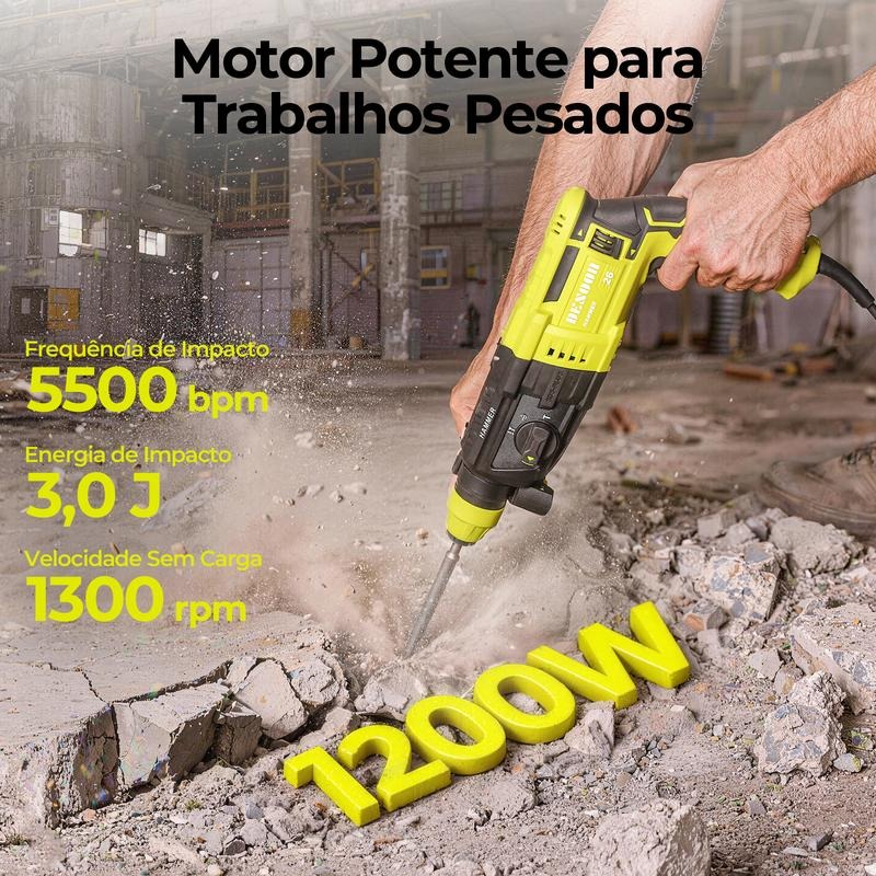 Taladro percutor eléctrico profesional DESOON, 1200W, 3J SDS-Plus, 5500 BPM, 3 modos de funcionamiento, luz LED, viene con estuche de transporte y accesorios.