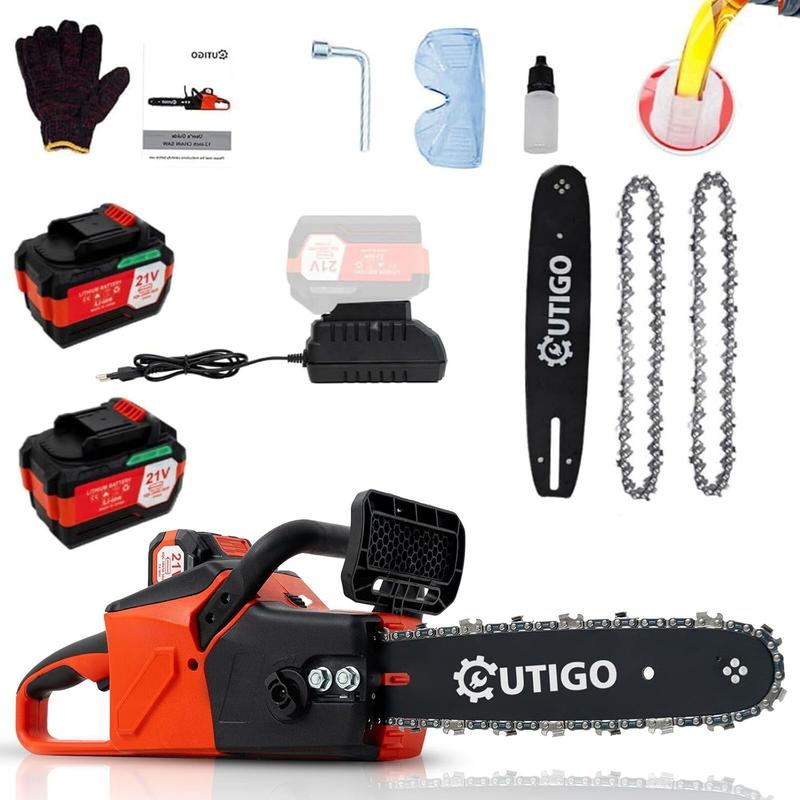 Motosierra inalámbrica de 21 V con 2 baterías, 2 cadenas, equipo de protección y cargador. Herramienta eficiente para cortar madera en jardines y granjas. Cuchilla de alta resistencia.