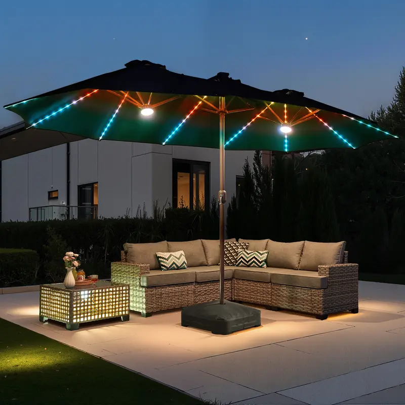 Sombrilla solar LED HOOOWOOO de 4,5 m con base y manivela - Sombrilla para exteriores para jardín, terraza, patio, piscina y playa - Tela resistente al agua, ajustable y con luz