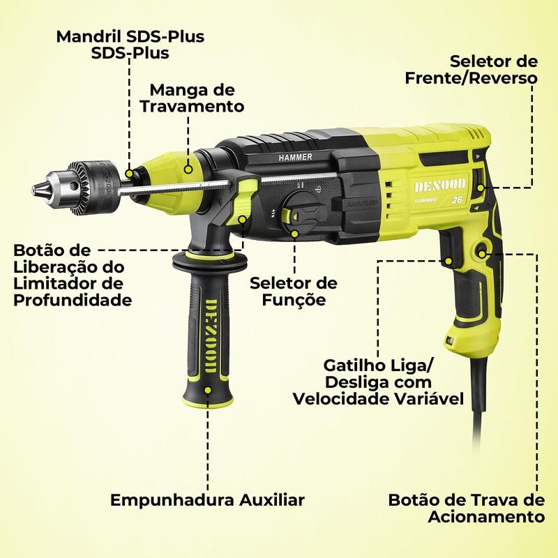 Taladro percutor eléctrico profesional DESOON, 1200W, 3J SDS-Plus, 5500 BPM, 3 modos de funcionamiento, luz LED, viene con estuche de transporte y accesorios.