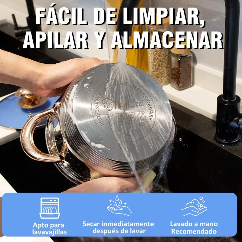 Juego de Ollas y Sartenes 12 Piezas de Acero Inoxidable, Apto para Inducción, con Asas Doradas y Tapas de Vidrio Azul
