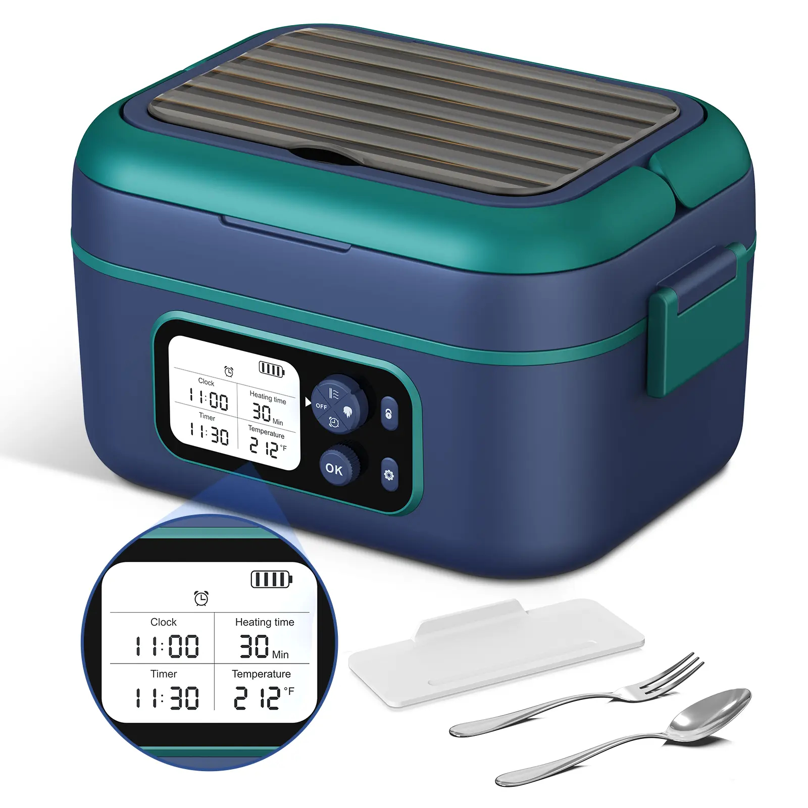 Fiambrera eléctrica térmica inalámbrica, 1,5 L (6,3 tazas), alimentada por batería recargable de 20.000 mAh, con calentamiento automático y temporizador inteligente; libre de BPA. Incluye cuchara, bolsa de transporte térmica y divisor de bandeja extraíble