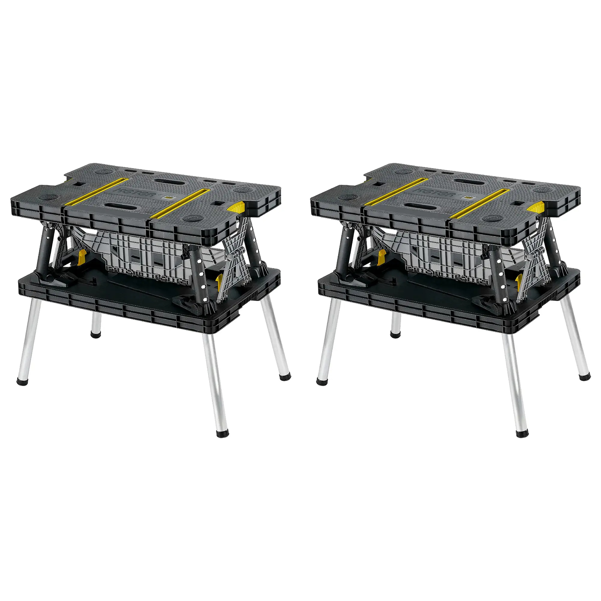 Mesa plegable portátil Keter de uso rudo: banco de trabajo y caballete con soporte para herramientas y abrazaderas de 12 pulgadas; ideal para proyectos de bricolaje y mejoras del hogar; fabricada en polipropileno y aluminio resistentes a la intemperie.