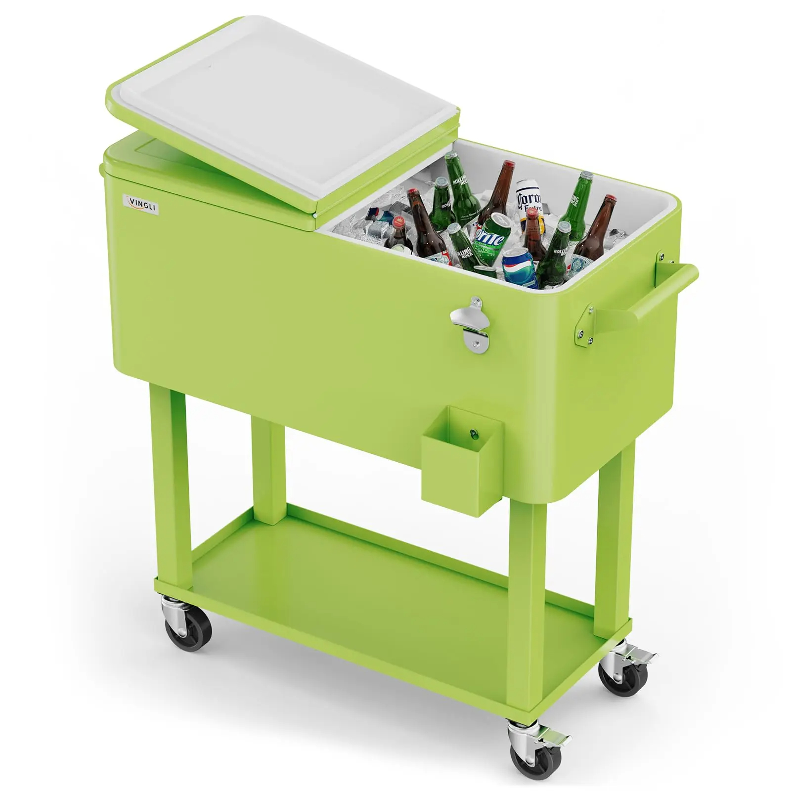Nevera portátil con ruedas de 80 cuartos, carrito enfriador de bebidas para fiestas en el patio, con estante, compartimento para bebidas con abridor de botellas y desagüe; regalo ideal para el Día del Padre.