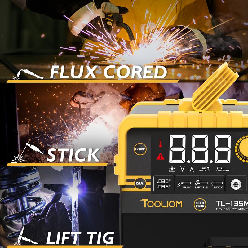 Soldadora MIG con núcleo fundente sin gas, 135 A, 110 V, portátil, 3 en 1, con inversor de CC IGBT y pantalla LCD.