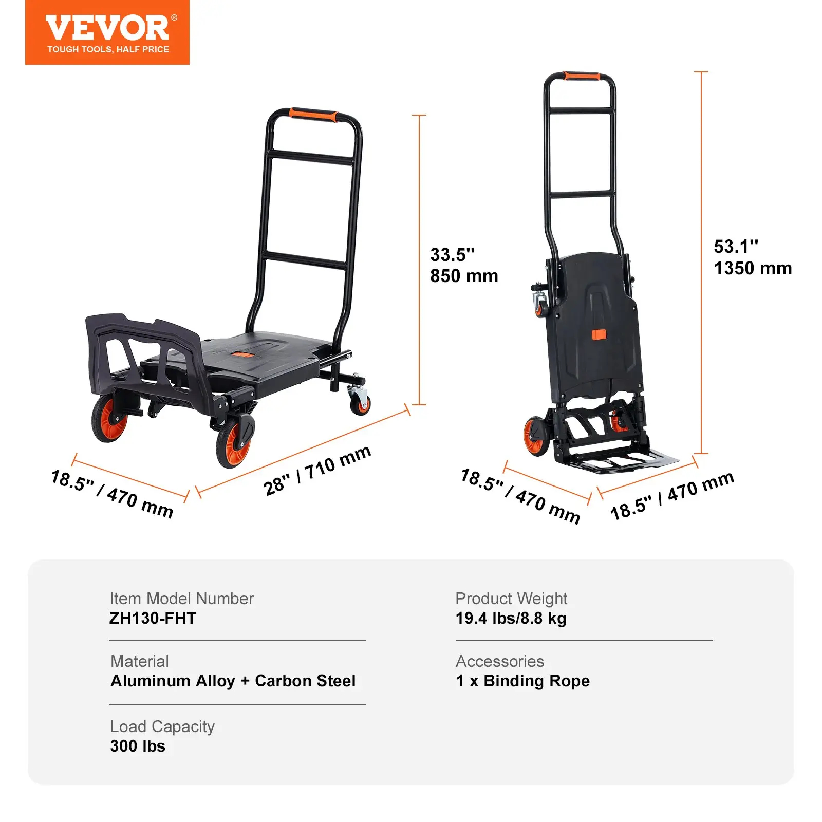 Carretilla plegable de aluminio, diseño 2 en 1, capacidad máxima de 800 lb, carrito industrial plegable de alta resistencia, carrito con ruedas de goma para transporte y mudanzas en almacenes, supermercados y jardines.