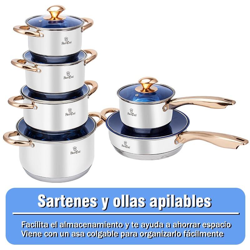 Juego de Ollas y Sartenes 12 Piezas de Acero Inoxidable, Apto para Inducción, con Asas Doradas y Tapas de Vidrio Azul
