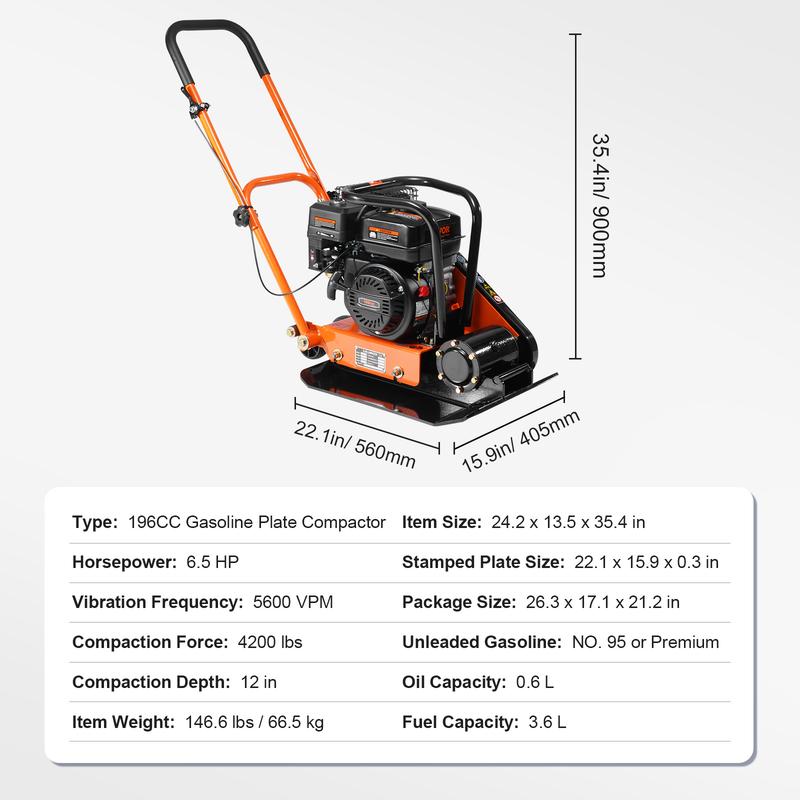 Compactador de placa, motor de gasolina de 6.5 HP y 196 CC, compactador vibratorio de 4200 lb, compactador de placa de 22.1 x 15.9 pulgadas, compactador de pavimento de 5600 VPM para pasarelas, asfalto, paisajismo con adoquines