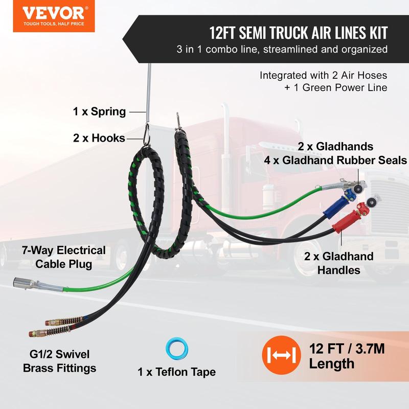 Kit de líneas de aire para semirremolque de 15 pies con 2 manijas Gladhand, mangueras de aire 3 en 1 y línea de alimentación eléctrica ABS de 7 vías, con 2 manijas Gladhand, 4 sellos y kit de resortes para remolque de camión semirremolque.