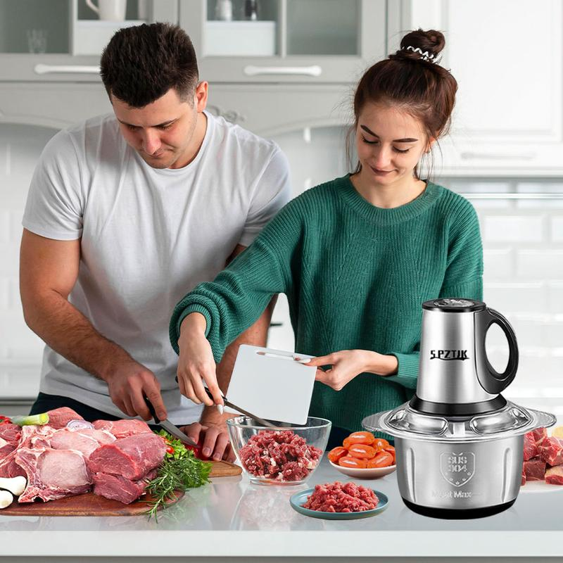 Picadora de carne y procesador de alimentos con 2 recipientes y 4 cuchillas de doble nivel — Minipicadora eléctrica de 300 W, ideal para papillas, carne, cebolla y verduras.