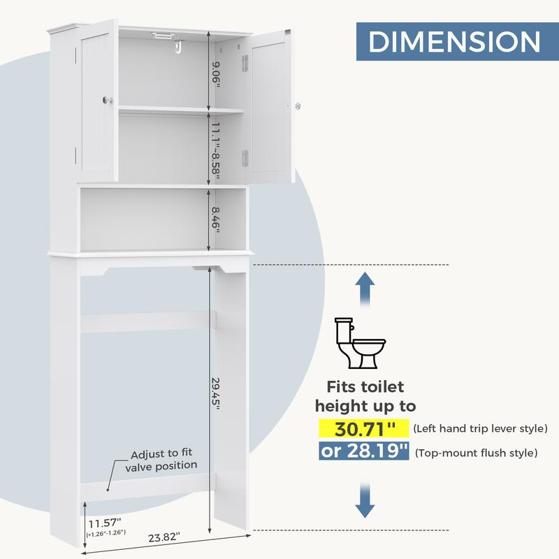 Armario de almacenamiento sobre el inodoro, mueble de baño con doble puerta y estante ajustable, estantería independiente para el baño — Negro