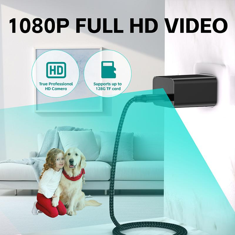 Mini cámara de seguridad 1080P (tipo cargador) para mascotas — Incluye tarjeta de 64 GB, visión nocturna y detección de movimiento — Cámara de vigilancia doméstica de conexión directa (SIN Wi-Fi)