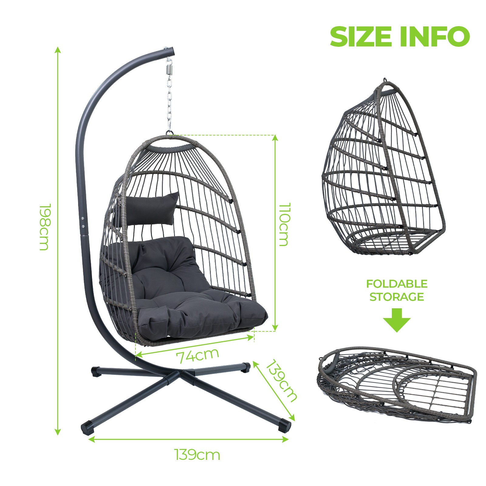 Sillón colgante tipo huevo para exteriores con soporte, silla colgante de mimbre para patio, silla mecedora para interiores, hamaca tipo huevo para exteriores.