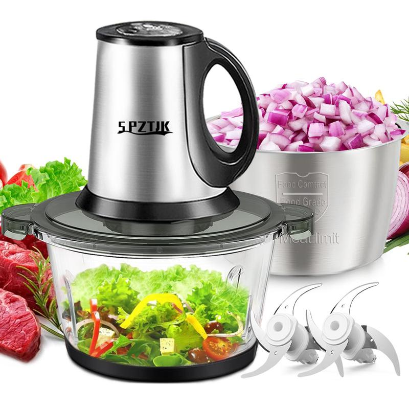 Picadora de carne y procesador de alimentos con 2 recipientes y 4 cuchillas de doble nivel — Minipicadora eléctrica de 300 W, ideal para papillas, carne, cebolla y verduras.
