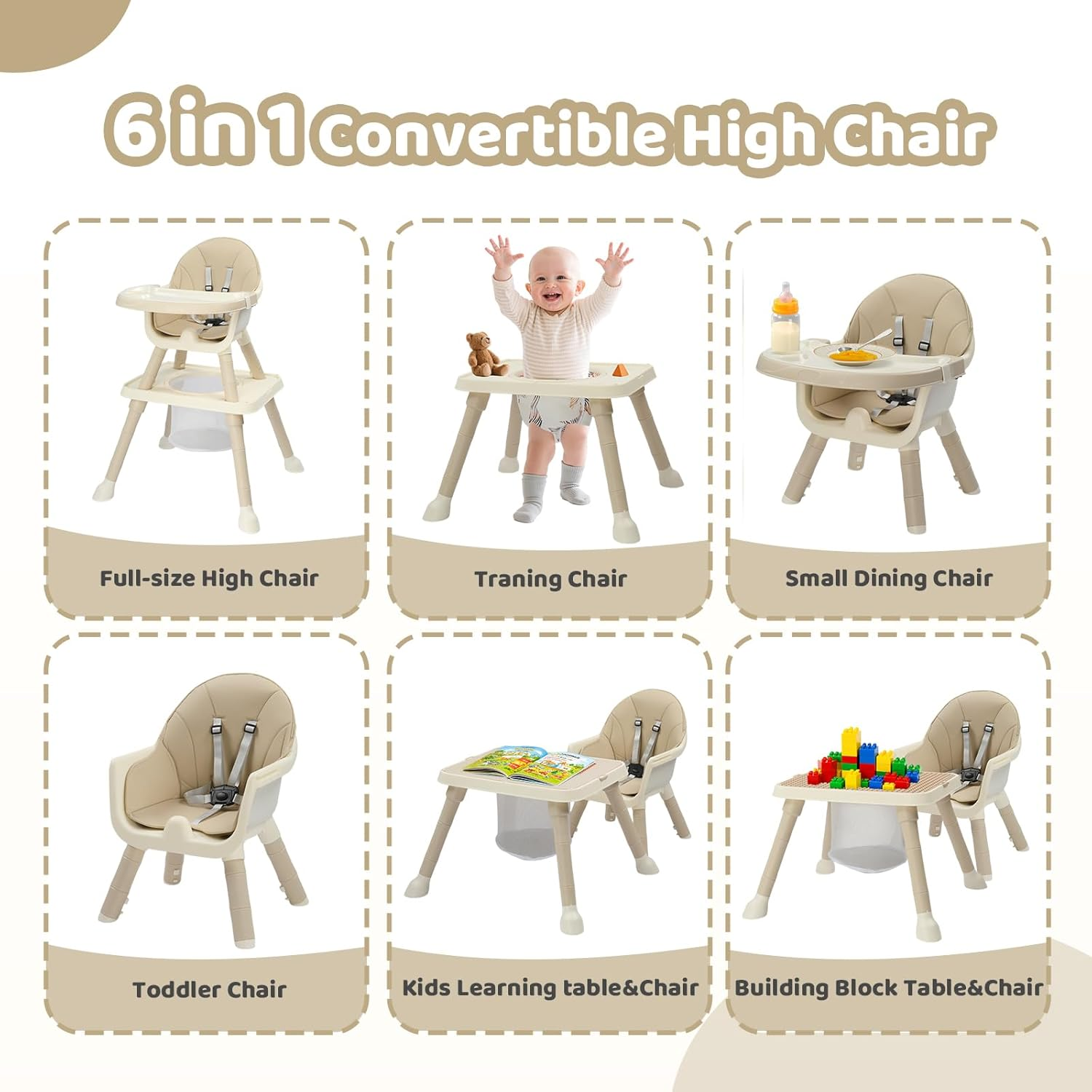 Silla alta para bebés 7 en 1, silla alta convertible para bebés y niños pequeños, mesa y silla de aprendizaje con bandeja extraíble y arnés de 5 puntos.