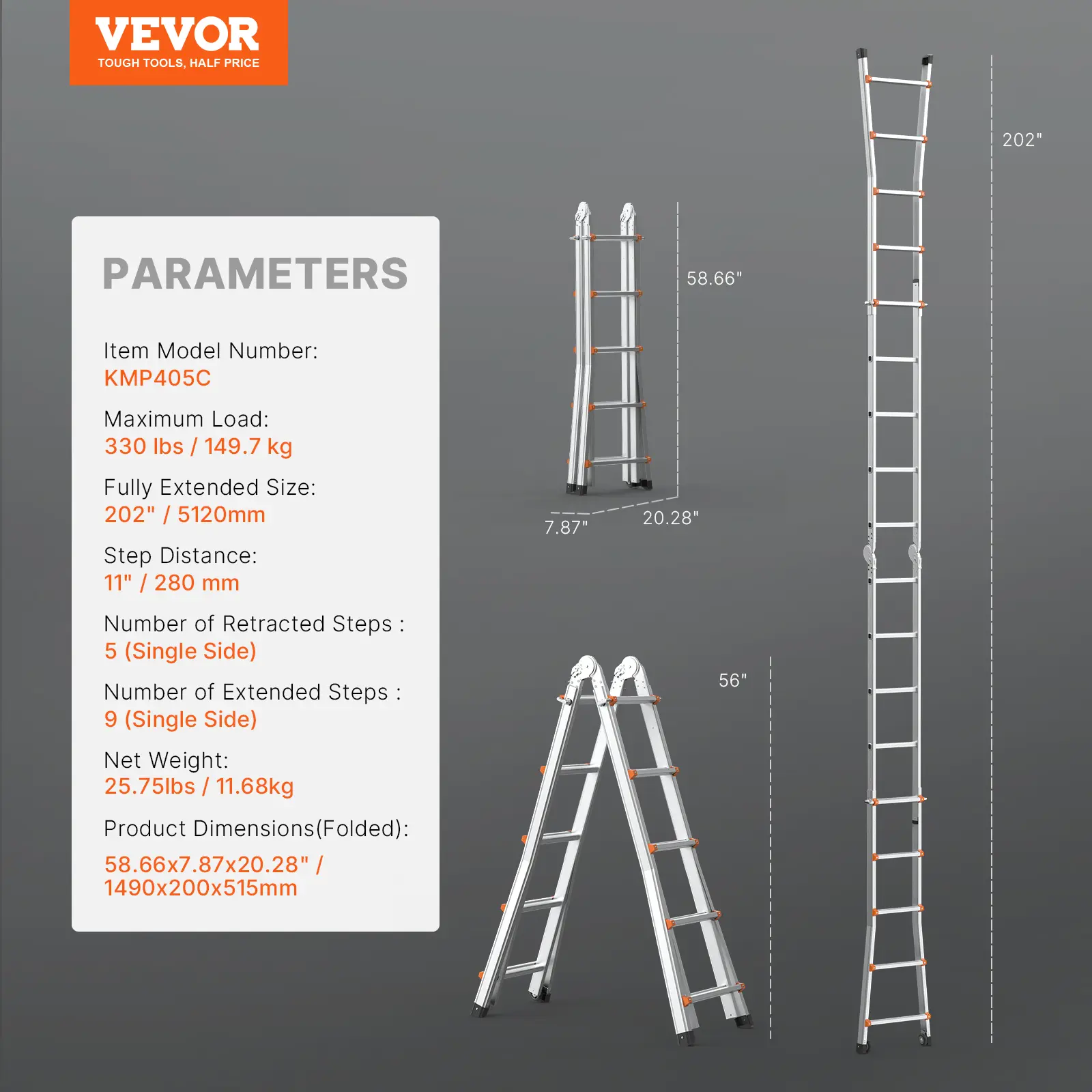 Escalera telescópica tipo tijera (en forma de A), escalera de extensión compacta de aluminio de 16.7 pies, capacidad de carga de 330 lb.